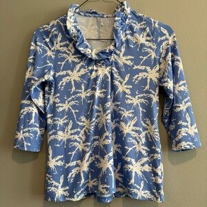 Lulu B Palm Print Top Ruffle Neck 3/4 Sleeves Nylon Beach Tropical Coastal S